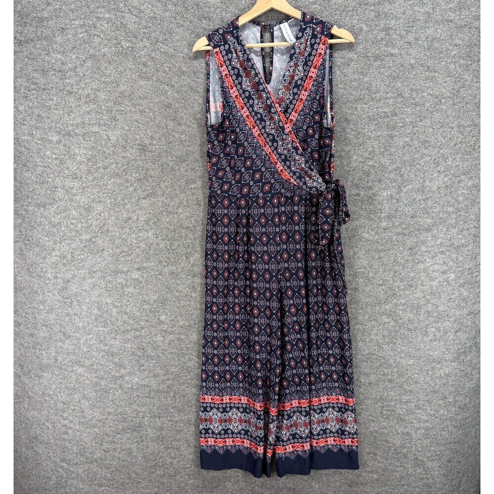 Emma & Michele Jumpsuit Women L Large Blue Geometric V-Neck Tasseled Sleeveless